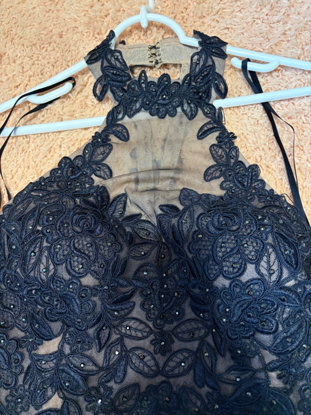 XSCAPE navy halter open back full length lace appliqué beaded prom evening gown - Picture 13 of 17